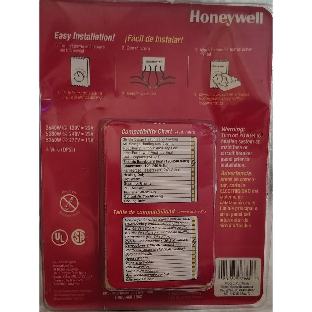 New Honeywell Home CT410B Manuel 4-Wire Premium Baseboard/Line Volt Thermostat